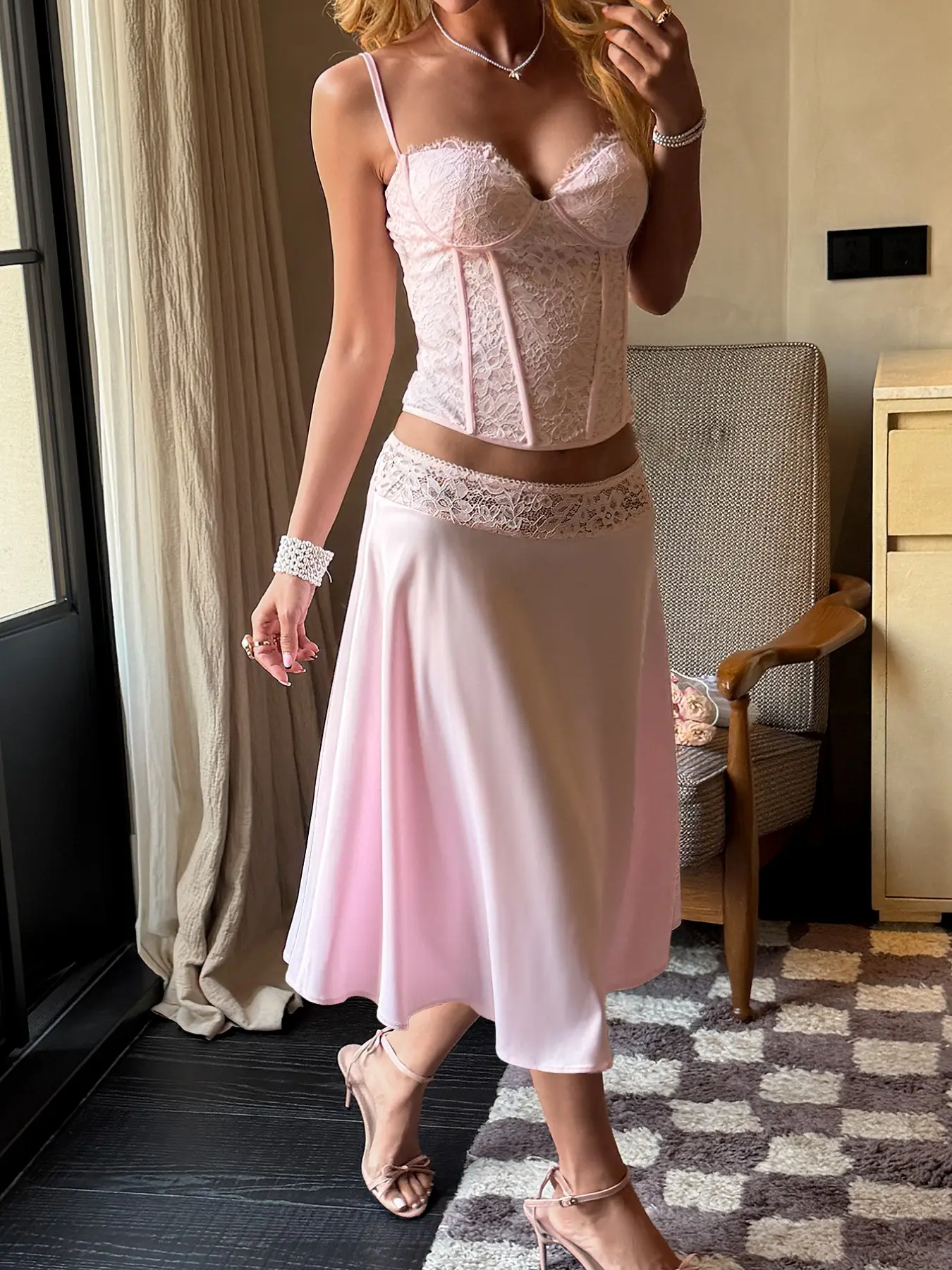 Women Lace Corset Top and Satin Midi Skirt Set Elegant Chic Feminine Two Piece Outfit Sleeveless Spaghetti Strap Bustier Crop Top High Waist A Line Long Skirt Y2K Coquette Matching Set Pink Party Vacation Date Night Clothes