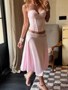 Women Lace Corset Top and Satin Midi Skirt Set Elegant Chic Two Piece Outfit Spaghetti Strap Bustier Crop Top High Waist A Line Long Skirt Y2K Coquette Matching Set Pink Party Vacation Date Night Clothes