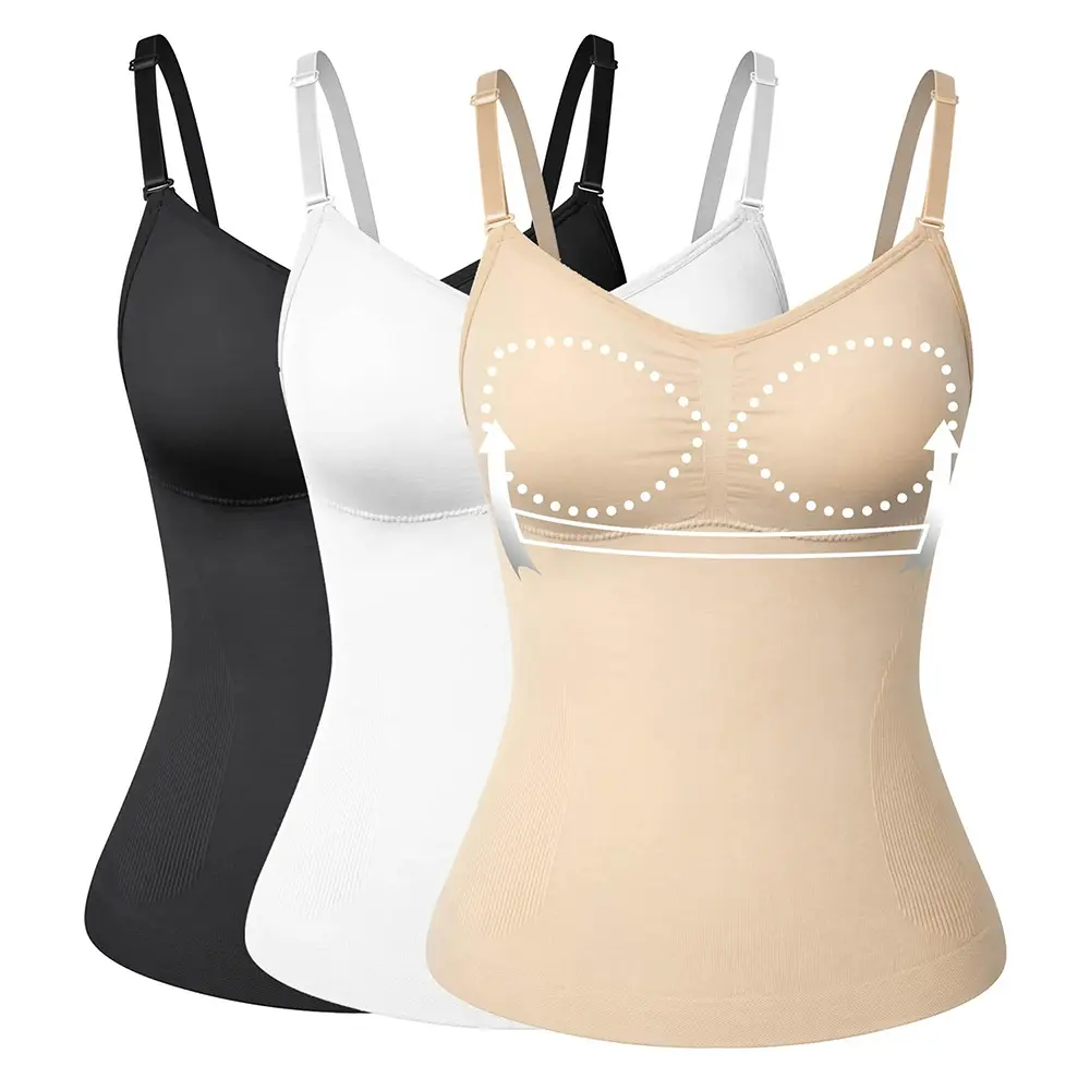 Shelf Bra Camisole Tops for Women Adjustable Spaghetti Strap Tank Top Summer Cami Shirt Compression Vest V Neck Tank Top, Lady Shaperwear Backless Vest with Built-In Bra Cami