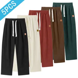 Pack of 5 Men’s Summer Corduroy Pants – Loose Casual Fit, Menswear,Trouser,Beige,Plain Elastic Waist, Drawstring Waist Sports Pants, Soft, Comfortable, Skin-Friendly