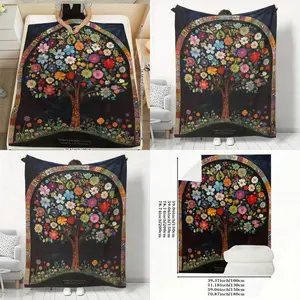 New Practical Vibrant Floral Tree Throw Blanket with Colorful Patterns on Dark Background Ideal for Sofa Bed Office Nap Travel Home Dr Outdoor Camping Soft Polyester Digital Print All Season Comfort Cozy Texture Artistic Tree Design