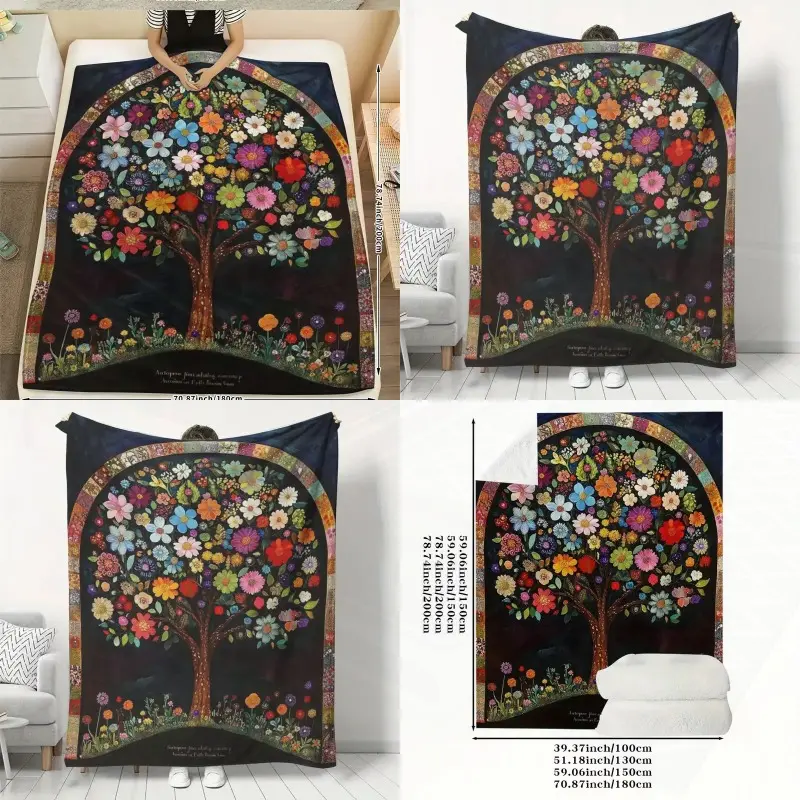 New Practical Vibrant Floral Tree Throw Blanket with Colorful Patterns on Dark Background Ideal for Sofa Bed Office Nap Travel Home Dr Outdoor Camping Soft Polyester Digital Print All Season Comfort Cozy Texture Artistic Tree Design