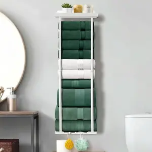 Bathroom Towel Storage Rack Wall Mounted 30 inch with Shelf Holds 6 Large Towels Black Rust Proof Durable Metal Pole for Spas Salons and Bathrooms
