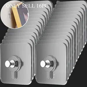 16PcsAcryl No Drill Self Adhesive Hooks Strong Adhesive Wall Hangers Waterproof Transparent Invisible Hooks Damage-Free Removable Sticky Hooks For Bathroom Kitchen Photo Towel Key Home Storage Organizer