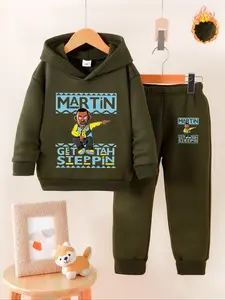 Boys' American Cartoon Fleece Set, Print Hoodie & Jogger Pants Two-Piece, Fall Winter Casual Fashion Gift