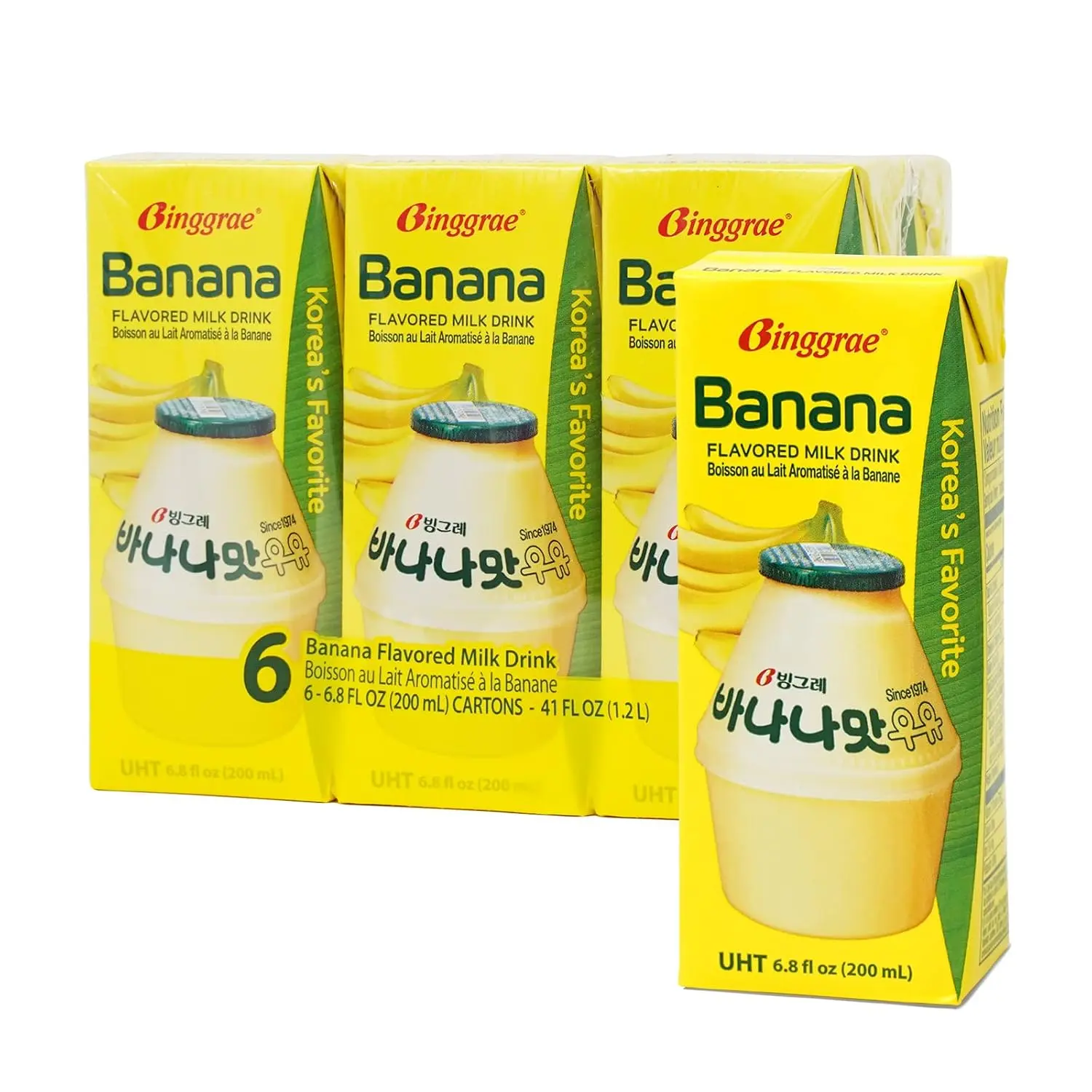 Binggrae Banana Flavored Milk Drink – Sweet and Creamy Korean Beverage – Shelf-Stable 6.8 fl oz Cartons – Pack of 6