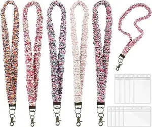5PCS Stretchy Scrunchie Lanyards for ID Badges Keys with 10 Acrylic Badge Holders, Cute Neck Keychain with Clip for Teacher Nurses School Office