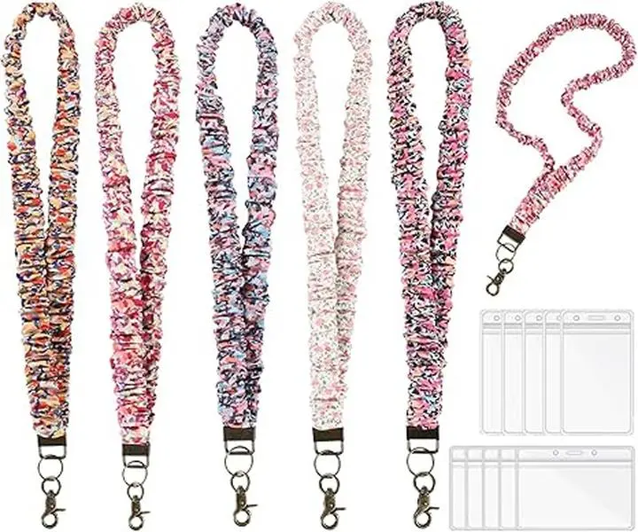 5PCS Stretchy Scrunchie Lanyards for ID Badges Keys with 10 Acrylic Badge Holders, Cute Neck Keychain with Clip for Teacher Nurses School Office