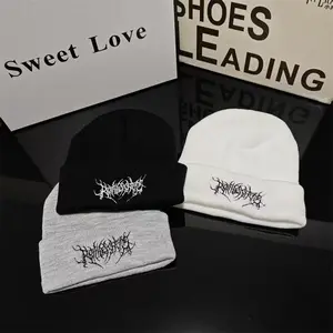 Solid Color Embroidered Gothic Street Punk Knitted Hat Warm Ski Cap for Autumn & Winter Unisex Couple's Style Soft & Comfortable for Cold Weather Cotton Material