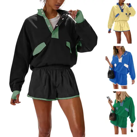 Yeokou Women's 2-Piece Long Sleeve Short Sweatsuit with Pockets - Sports Suit Set for Workout, Travel Lounge Outfits