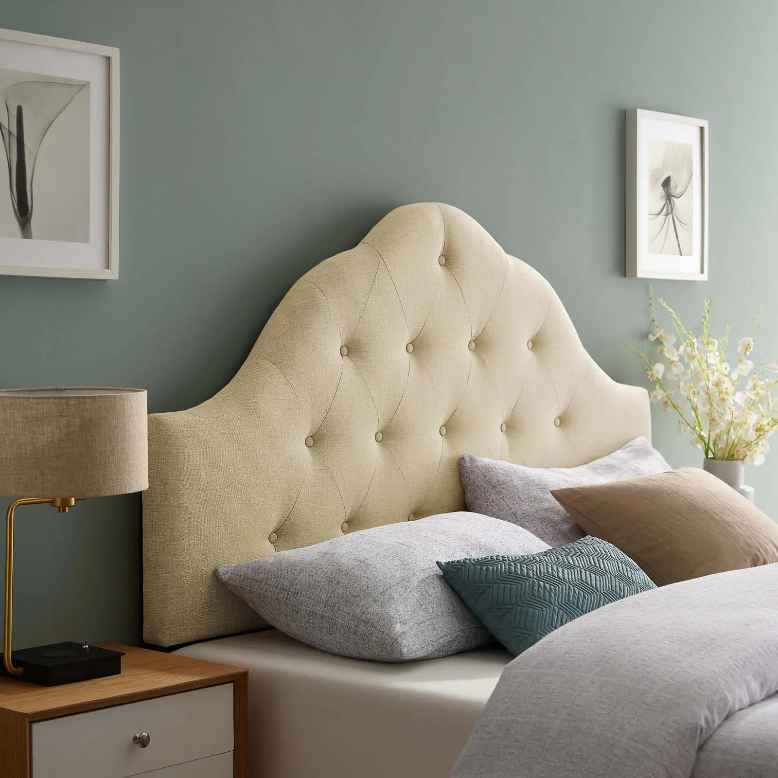 Modway Sovereign Queen Tufted Fabric-Covered Upholstered Headboard, Beige, Fabric-Covered Headboards, Arch Frame Headboards