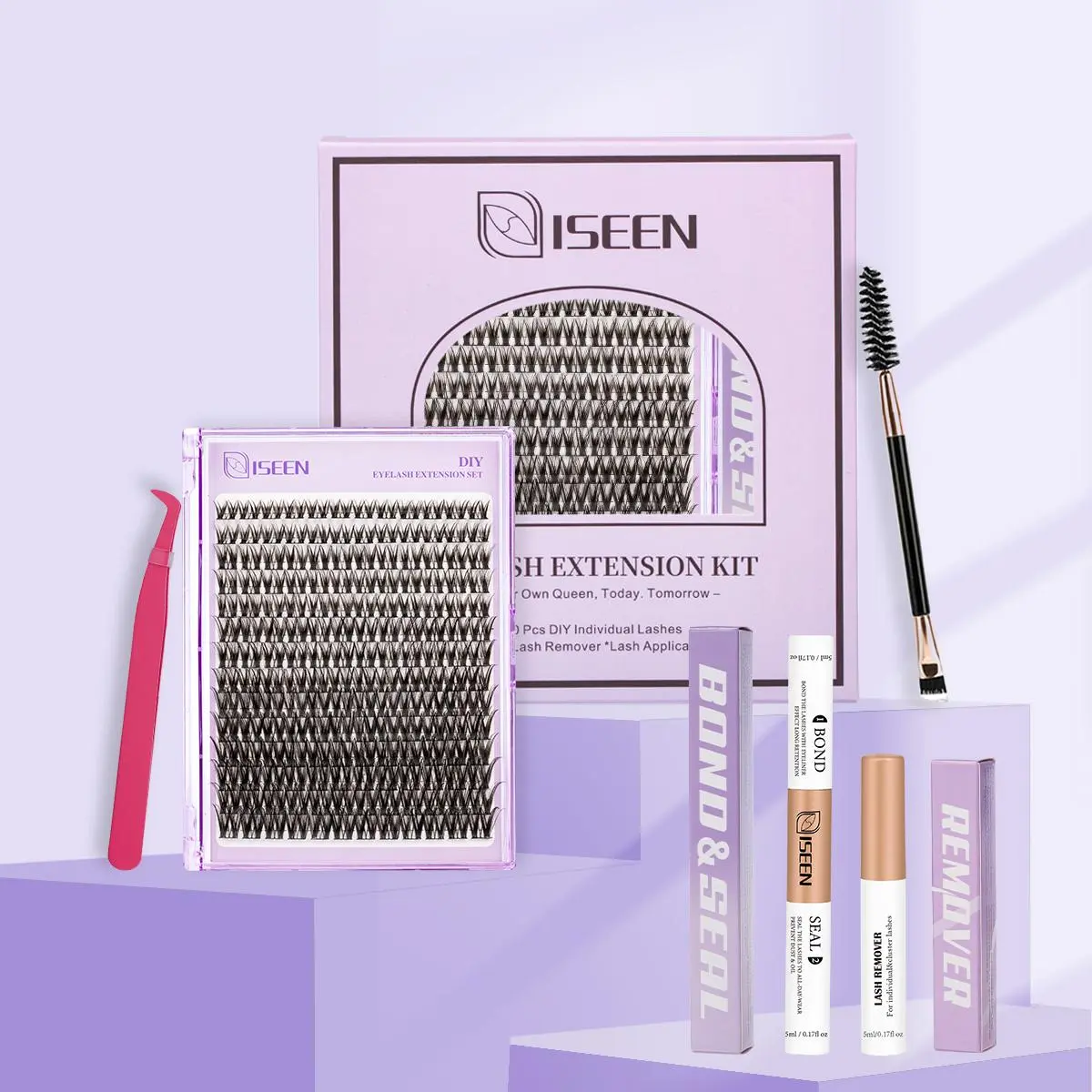 Mixed Length Eyelash Extensions Kit, 1 Set D Curl Individual False Eyelashes & Glue & Tweezers & Brush, Professional Eye Enhancement Tools for Women, Makeup, DIY Lash Extension Kit
