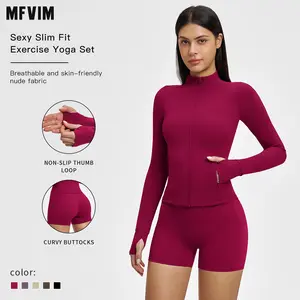 MFVIM brushed versatile fitness set: solid-color slim jacket and high-waisted athletic shorts set; zippered windproof sports set for outdoor running, fitness, and yoga.