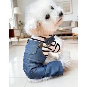 1pc Pet Clothes, Dog/Cat Outfit, Stylish & Cute Apparel For Small Dogs, Comfortable Striped Classic 4-Leg Pants Design For Small Breed  Classic Striped Denim Small Dog Apparel, Dog and Cat Clothing