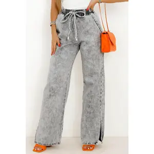 Medium Grey Drawstring Elastic Waist Wide Leg Jeans petite low waisted