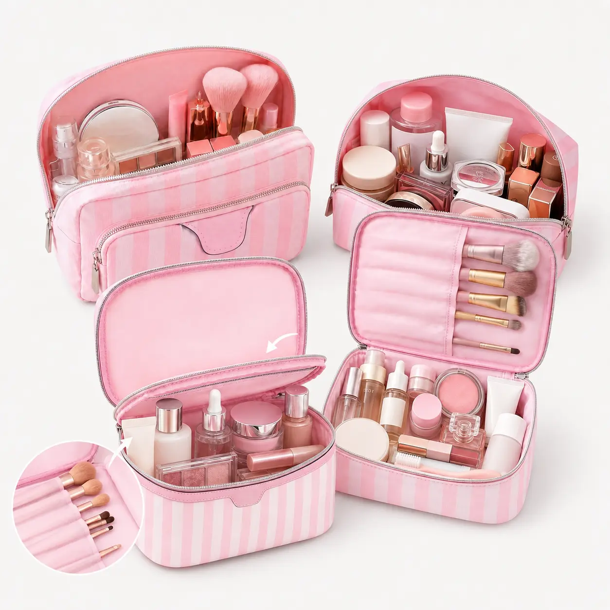 Pink Striped Makeup Bag for Women, Travel Cosmetic Organizer with Zipper, 4 Style Options, Portable Large Capacity Toiletry Storage Case for Makeup, Skincare and Brushes, Makeup Containers, Cosmetic Organizer Pouch