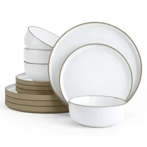 Famiware Nature Plates and Bowls Sets, 12 Pieces Stoneware Dinnerware Sets, Dishes Set for 4, Microwave and Dishwasher Safe