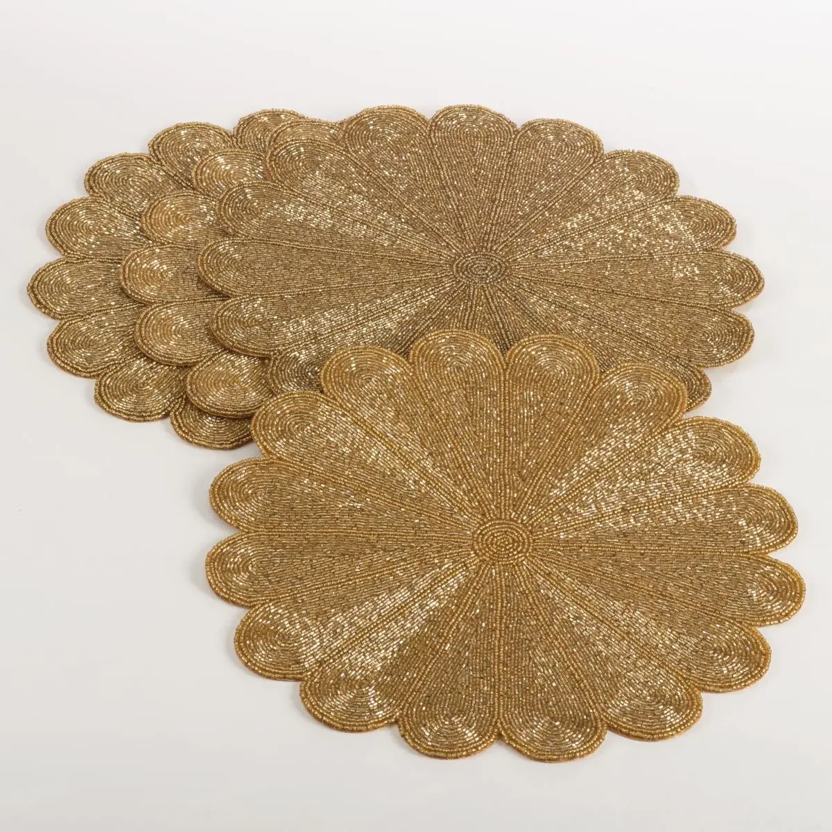 SARO 201.GL15R 100% Glass Beaded Gold Placemats - Set of 4, 15 in., Floral Design, Classic Kitchen & Dining Tableware Accessory, 100% Glass Beads, Beaded Look, Four Pieces