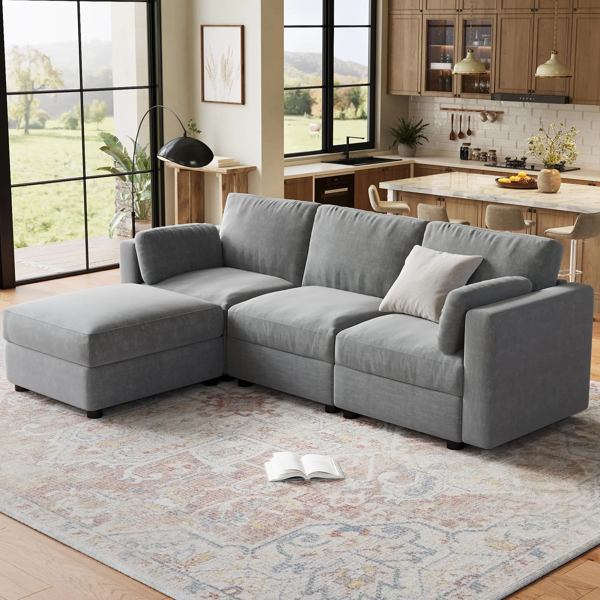 264cm L-Shaped Modular Sofa, 4-Seater Sectional Sofa with Ottoman, Deep Seat, Spacious Convertible Sofa for Living Room, Apartment and Office, Gray Chenille Fabric
