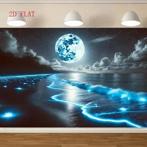 Luminous Wave and Moon Beach Scene Tapestry, 1-piece set, multifunctional wall decoration, suitable for indoor and outdoor decor, no power required, universal size, enhances ambiance, suitable for parties, home, and office