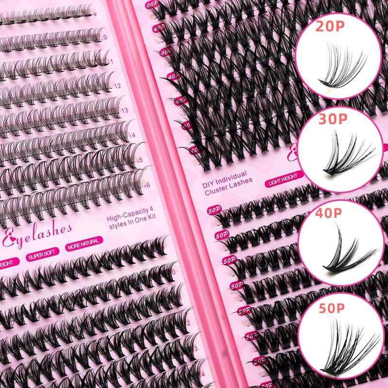 Lash Clusters Kit - 9-16mm Mixed Length D Curl Eyelashes with Bond Seal Remover Tweezers & Curler for Natural Enhancements 20D 30D 40D 50D Density Options