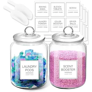 Laundry Pods Glass Jars - Half Gallon Airtight Containers with Scoop and Labels for Organization and Storage Laundry Room Detergents , Scent Booster Beads Holder, Set of 2
