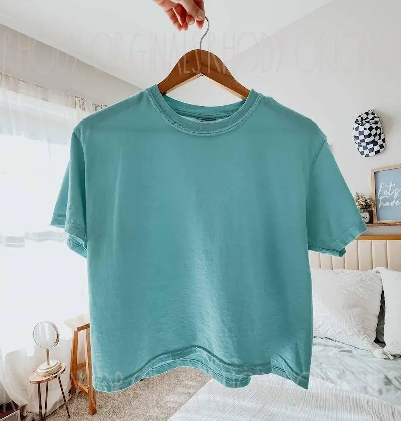 Comfort Colors Style Women's Blank Boxy Crop Tee, Relaxed Cropped Cotton Shirt, Casual Summer Basic Top