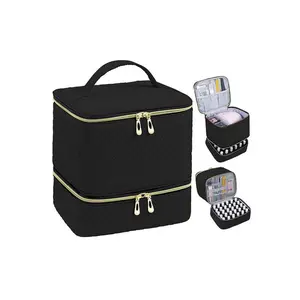 Double-Layer Quilted Nail Polish Bag, Portable Manicure Organizer, Zipper Cosmetic Storage Pouch, Multifunctional Makeup Bag for Women and Girls, Waterproof Cosmetic Bag