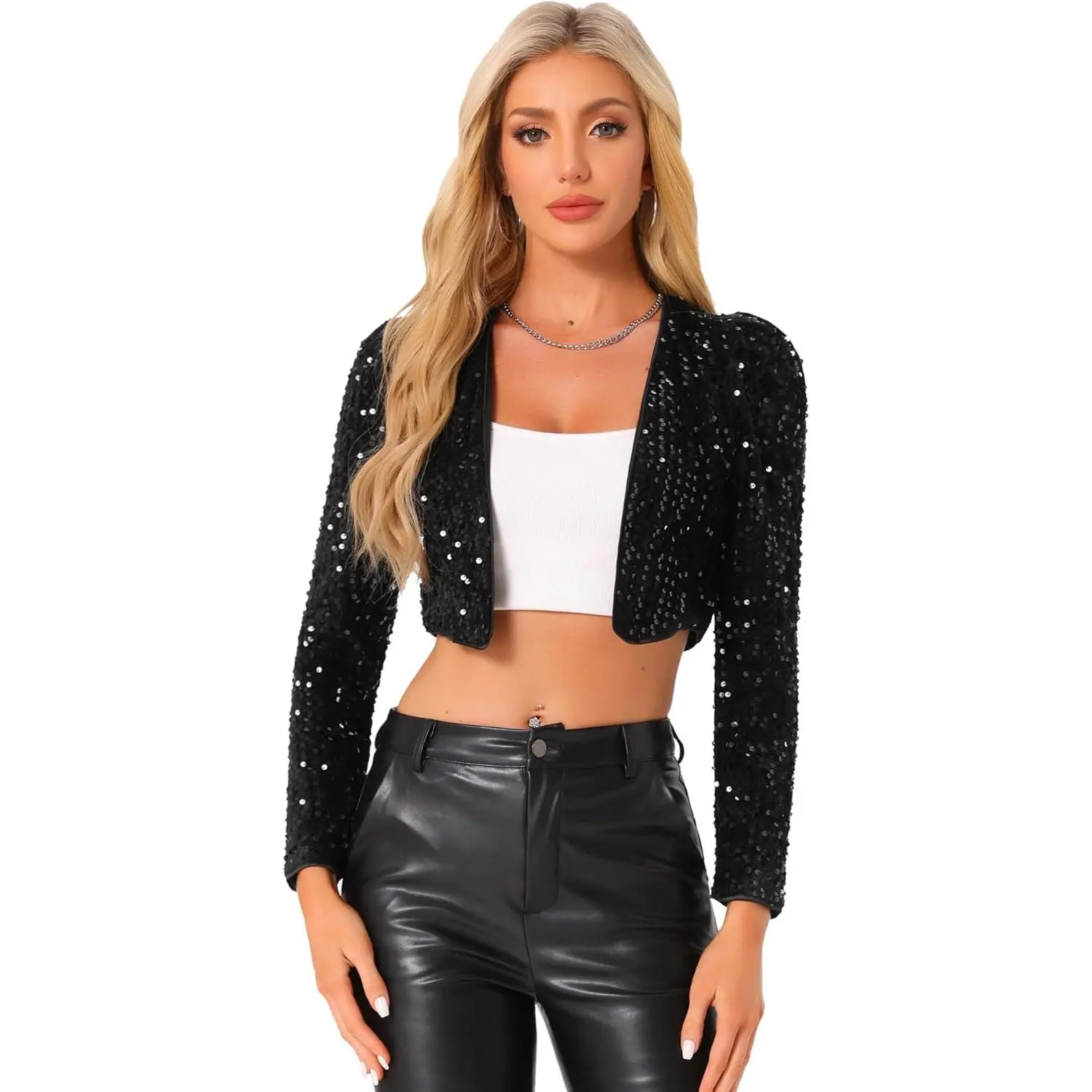 Women's Sequin Shrug Open Front Collarless Glitter Sparkly Crop Blazer Jacket