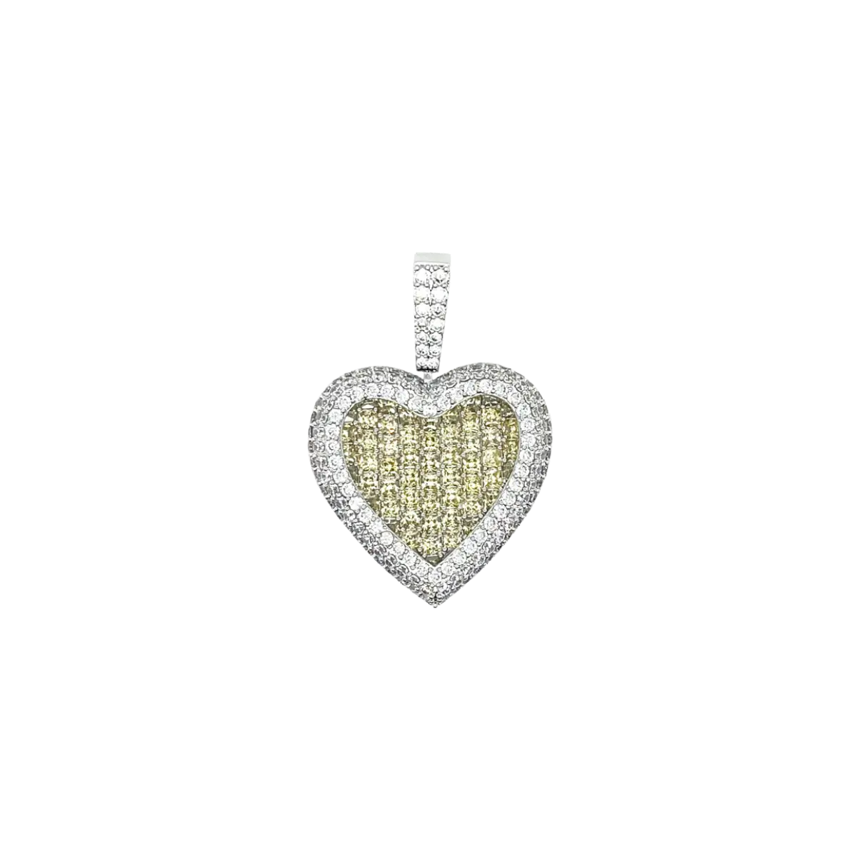 GLD Canary Diamond Baguette Heart Pendant in 14k White Gold Plated Hand-set CZ Stones 26mm x 27mm - Perfect Gift