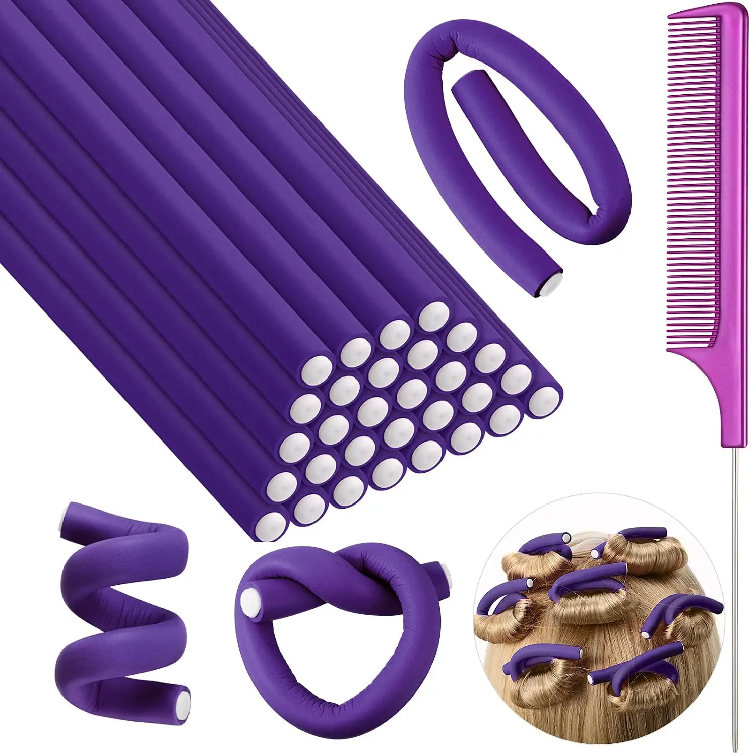 30 Pcs 7 Inch Flexi Rods for Hair Heatless Hair Curlers & Foam Hair Rollers No Heat Curling Rods for Long Medium & Short Hair Flexible Bendy Rollers for Overnight Curls Purple with Steel Pintail Comb