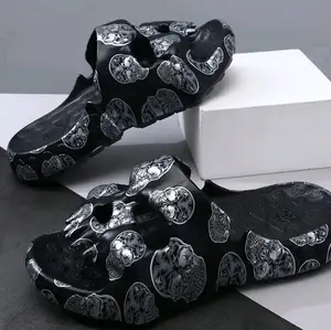 Men's Trendy Skull Pattern Open Toe Breathable Slippers, Comfy Non Slip Soft Sole Slides For Men's Outdoor Activities Flipflop Walking Shoes Footwear Comfort