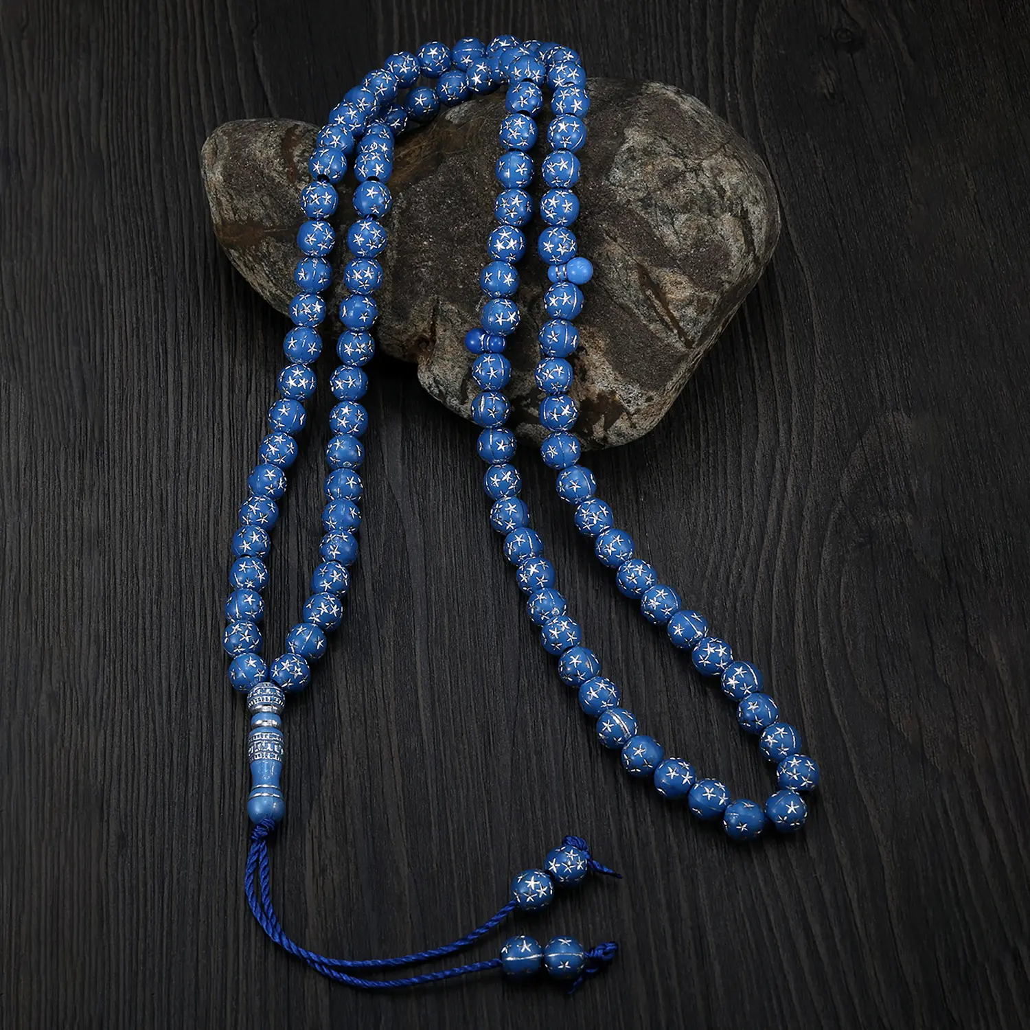 Unisex Islamic Hand-Knotted Prayer Bracelet, 5-Pointed Star Pattern, Blue Circular Acrylic Beads, Muslim Worship Supplies, Ramadan Gift