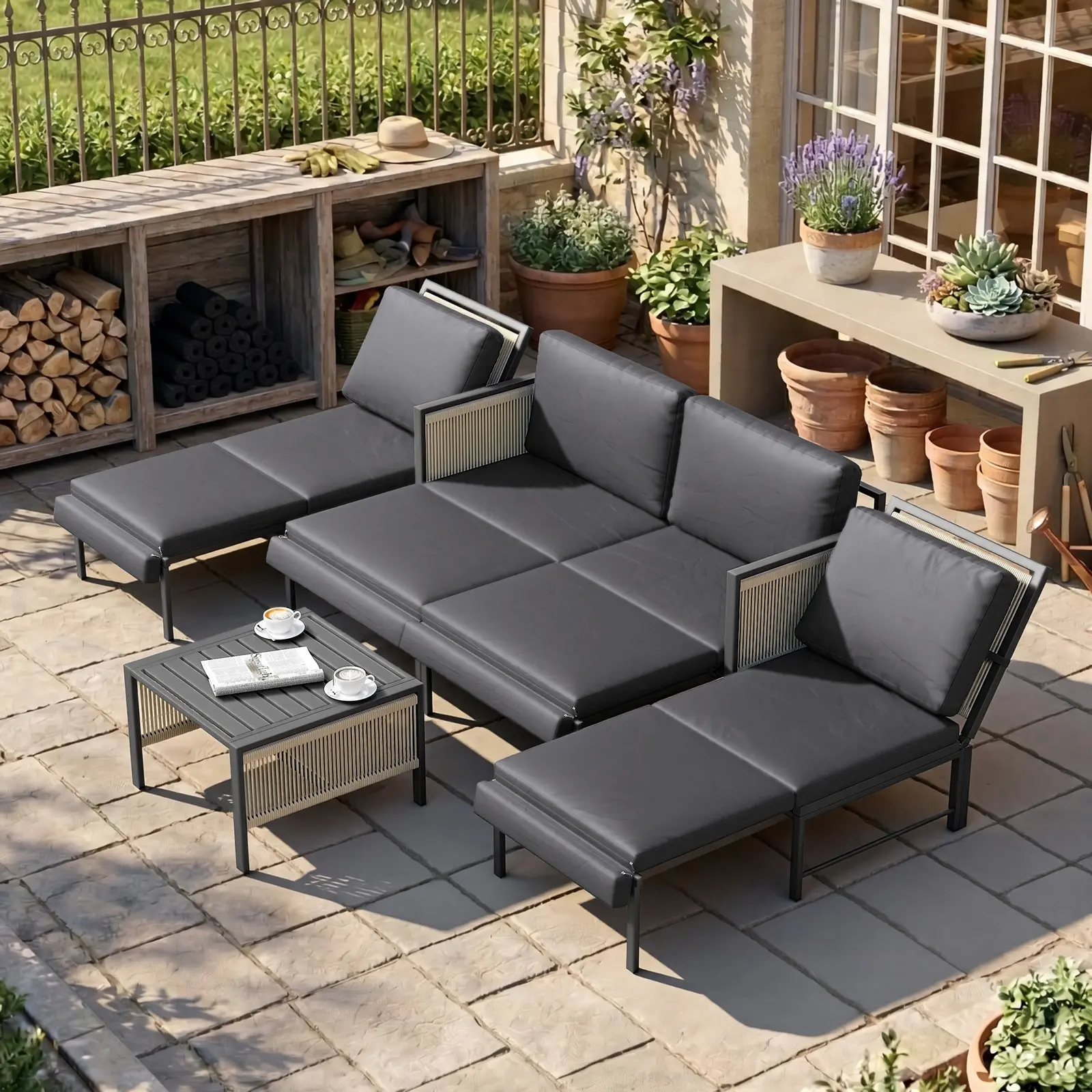 【2 Package Shipping】AECOJOY Aluminum Patio Sectional Sofa Set with Coffee Table, Outdoor Conversation Set, Porch & Deck Use, Includes Central Table, Sectional Couch
