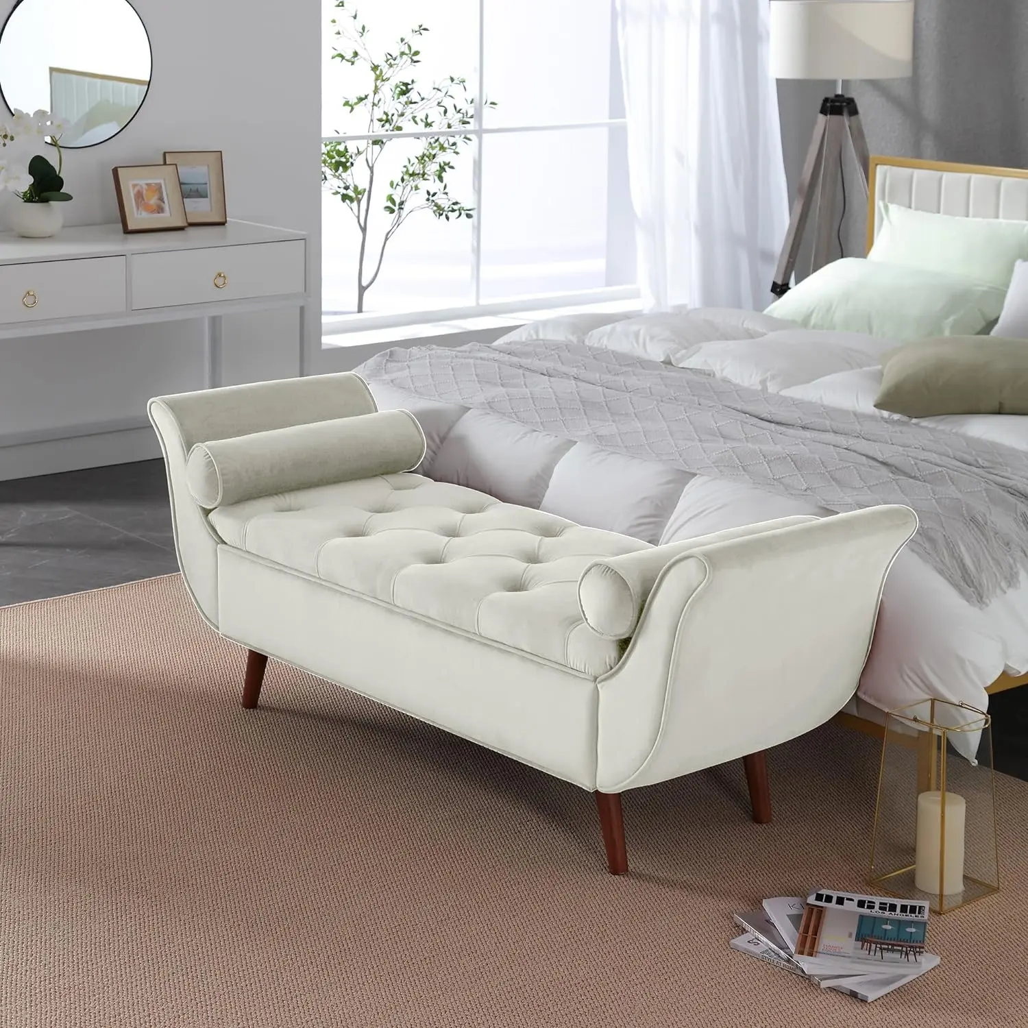 SZLIZCCC Velvet Storage Ottoman, 65" Long King Rolled Arm Bedroom End of Bed Bench, Bedroom Bench with Storage,Bedroom,Entryway, Living Room (Beige)
