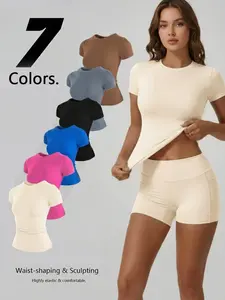New Women's Waist-Cropped Casual Sports Short Sleeve, Breathable Comfort, Summer Set, Versatile Solid Color, Ideal for Fitness and Daily Wear