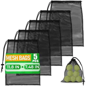 Small Mesh Bags Drawstring Black 5Pcs 11,8x7,48'' – Strong, Lightweight, Breathable Mesh Bag with Lock, Quick-Dry and Tear-Resistant – Easy to Tighten and Adjust for Travel, Swimming & Ball Storage