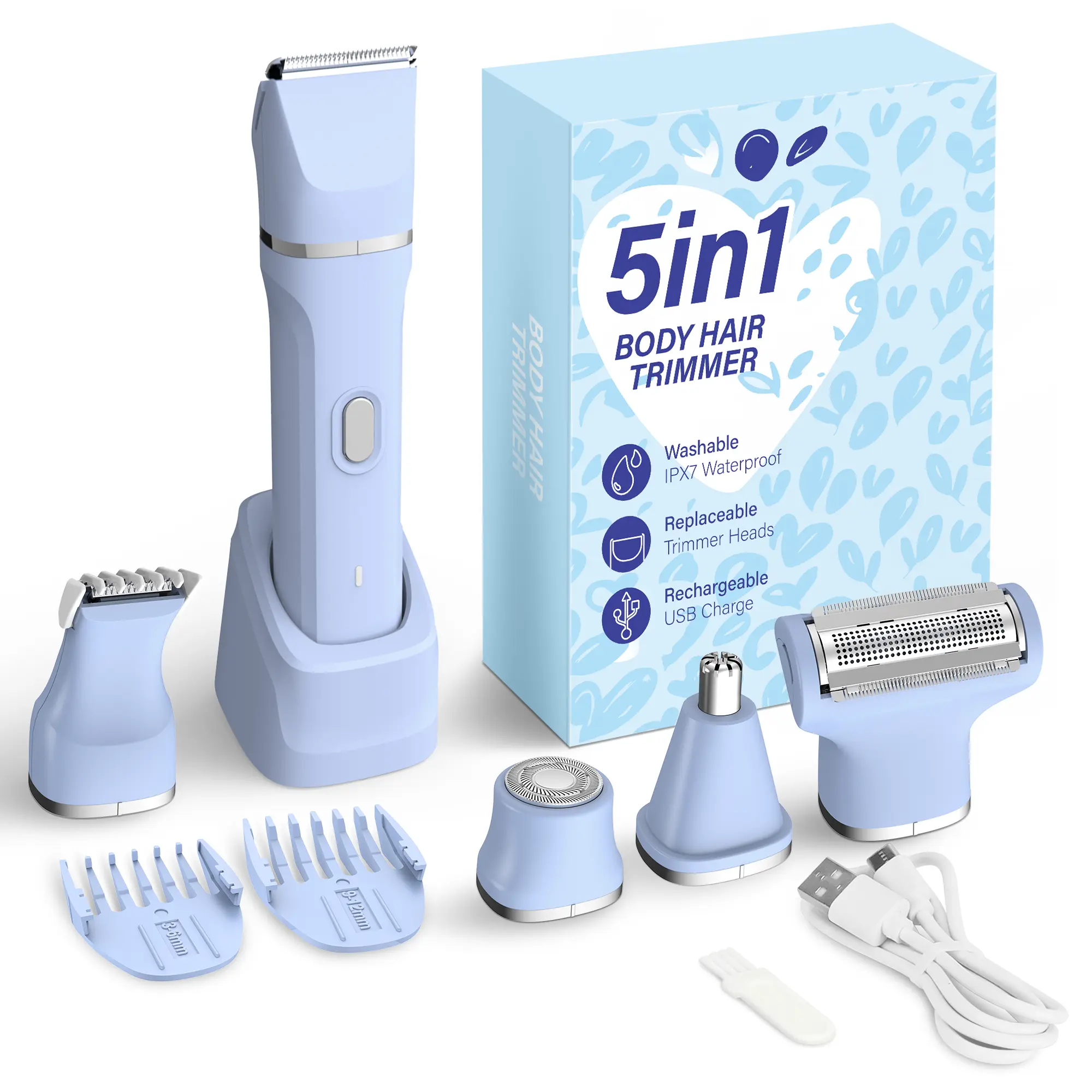 KINGTEE 5-in-1 Electric Bikini Trimmer for Women – IPX7 Waterproof Shaver, Cordless Body & Facial Razors for Women, Ceramic Blades, USB-C Rechargeable, Painless Hair Removal Kit (Blue)