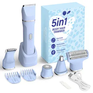 KINGTEE 5-in-1 Electric Bikini Trimmer for Women – IPX7 Waterproof Shaver, Cordless Body & Facial Razors for Women, Ceramic Blades, USB-C Rechargeable, Painless Hair Removal Kit (Blue)