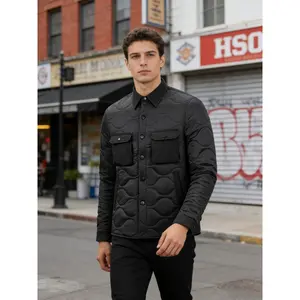 Men's Quilted Shirt Jacket, Black Lightweight Padded Shacket, Casual Outdoor Warm Coat
