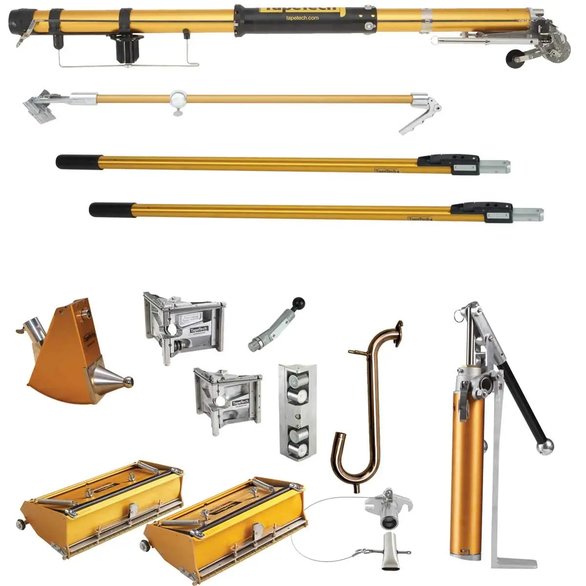 TapeTech Expanded Drywall Taping & Finishing Tools Kit Set - Bazooka Taper, 10/12 Flat Boxes, Angle Box, Angle Heads, Pump, Gooseneck, Corner Roller, Extendable Handles