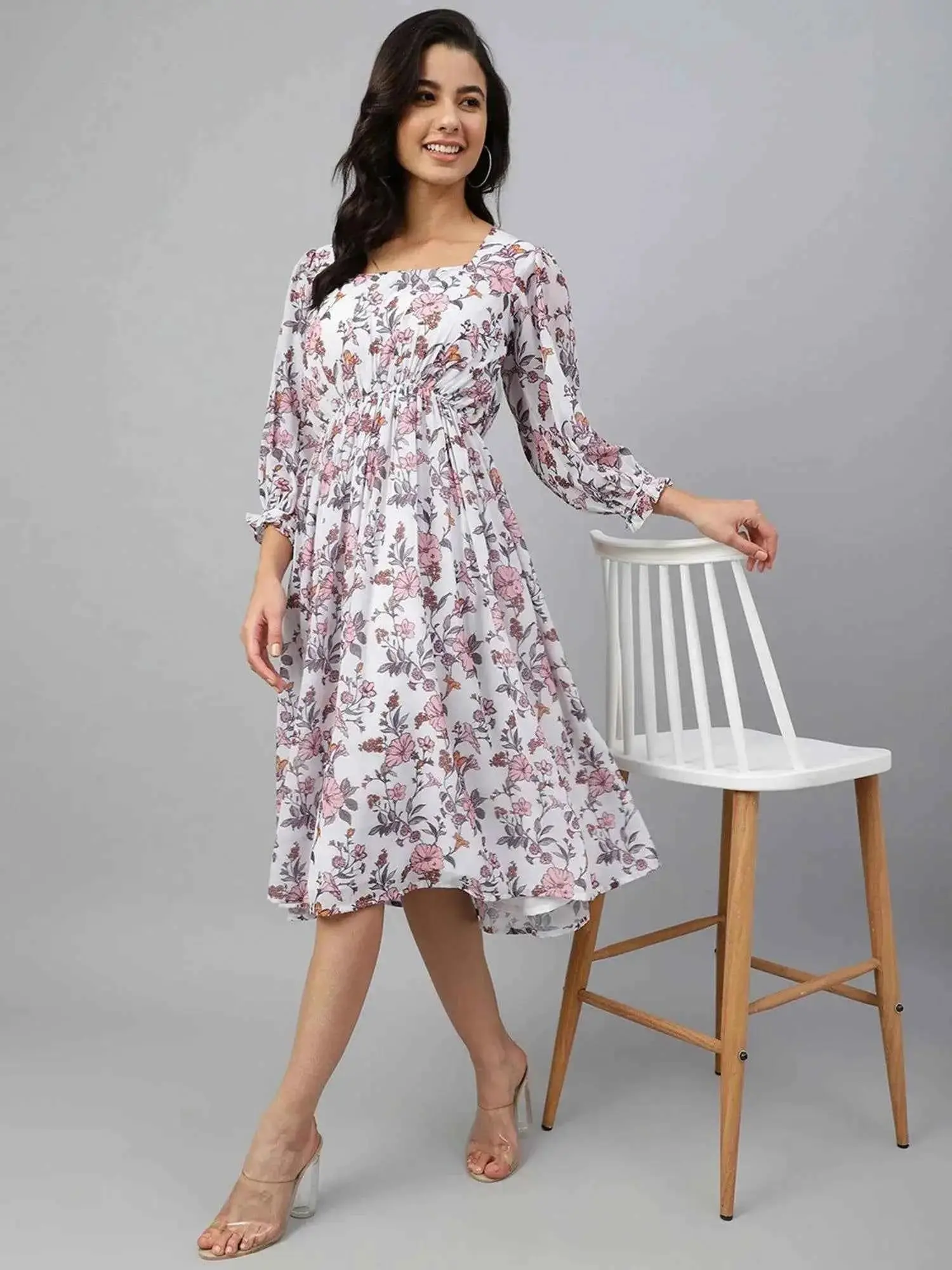 Women's White Floral Print Georgette Flared Western Dress, 3/4 Puff Sleeves, Polyester, Pull-On, Lightweight, Fit & Flare Casual Wear, Outdoors, Holiday, Medium (38), 44 Inch, Do Not Dry Clean