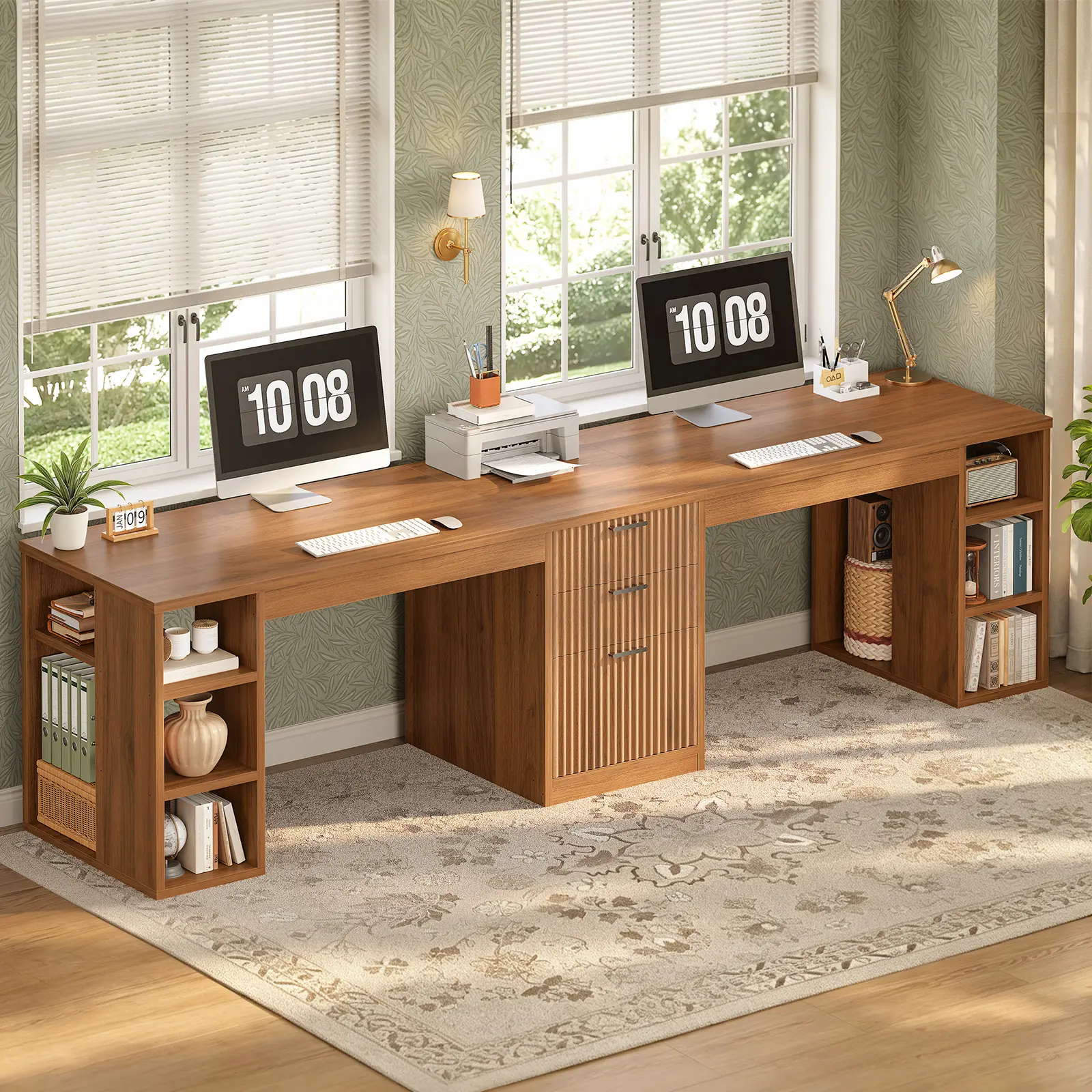 SEDETA Fluted 96.5" Computer Desk with Drawers, 2 Person Home Office Desk, Gaming Double Desk with Storage Shelves, Long Two Person Writing Desk
