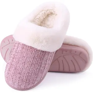 Warm Knit House Slippers for Women Comfy Fleece Lined Chenille Slippers with Memory Foam and Indoor Outdoor Soles