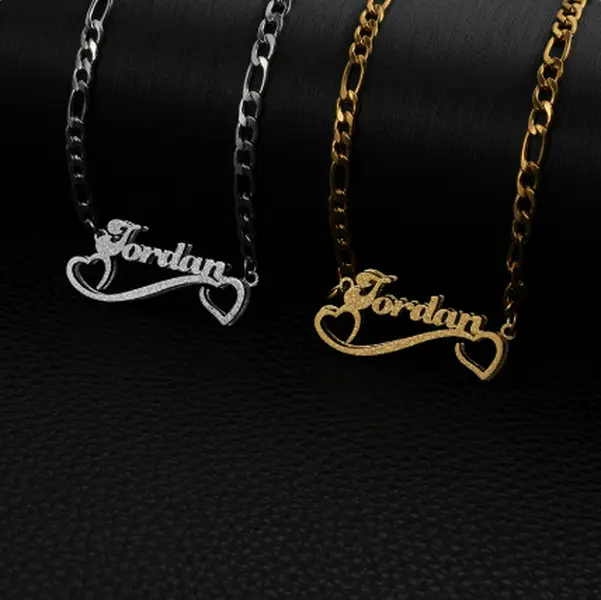 GGIRL 18k Gold-Plated Custom Double-Heart Interlocking Name Necklace | Personalized Script Name Pendant | Multiple Fonts Available | Figaro Chain Jewelry | A Thoughtful Custom Gift For Birthdays, Anniversaries, And Holidays