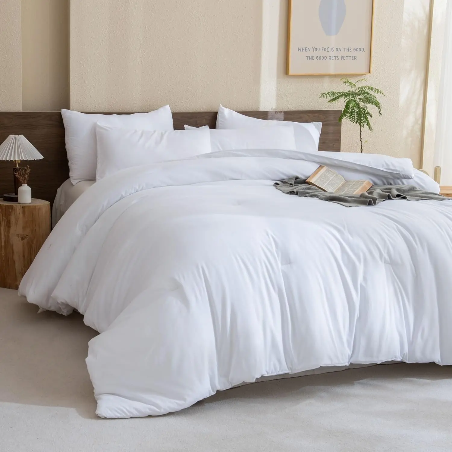 Classic Pure White Comforter  Size, 3 count Boho Comforter Set, Lightweight Solid Bedding Set,  Seasons Soft Breathable  Comforter Set (90x90In Comforter & 2 Pillowcases)