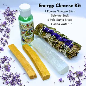 FIMENESS - 5 Piece Home Fragrance Set with 2 Palo Santo Sticks, 7 Powers Herb Smudge Stick, Florida Water & Selenite Stick