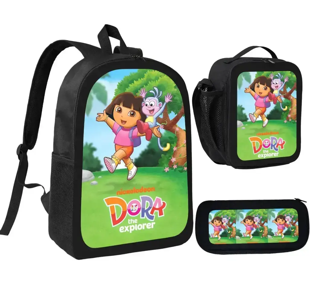 Anime Dora the Explorer 3-Piece School Backpack Set for Teen Girls - Adjustable Multi-Function School Backpack with Lunchbox, Pencil Box, Ideal for Office, Travel, Best Gift, School Backpacks, Adjustable Backpack