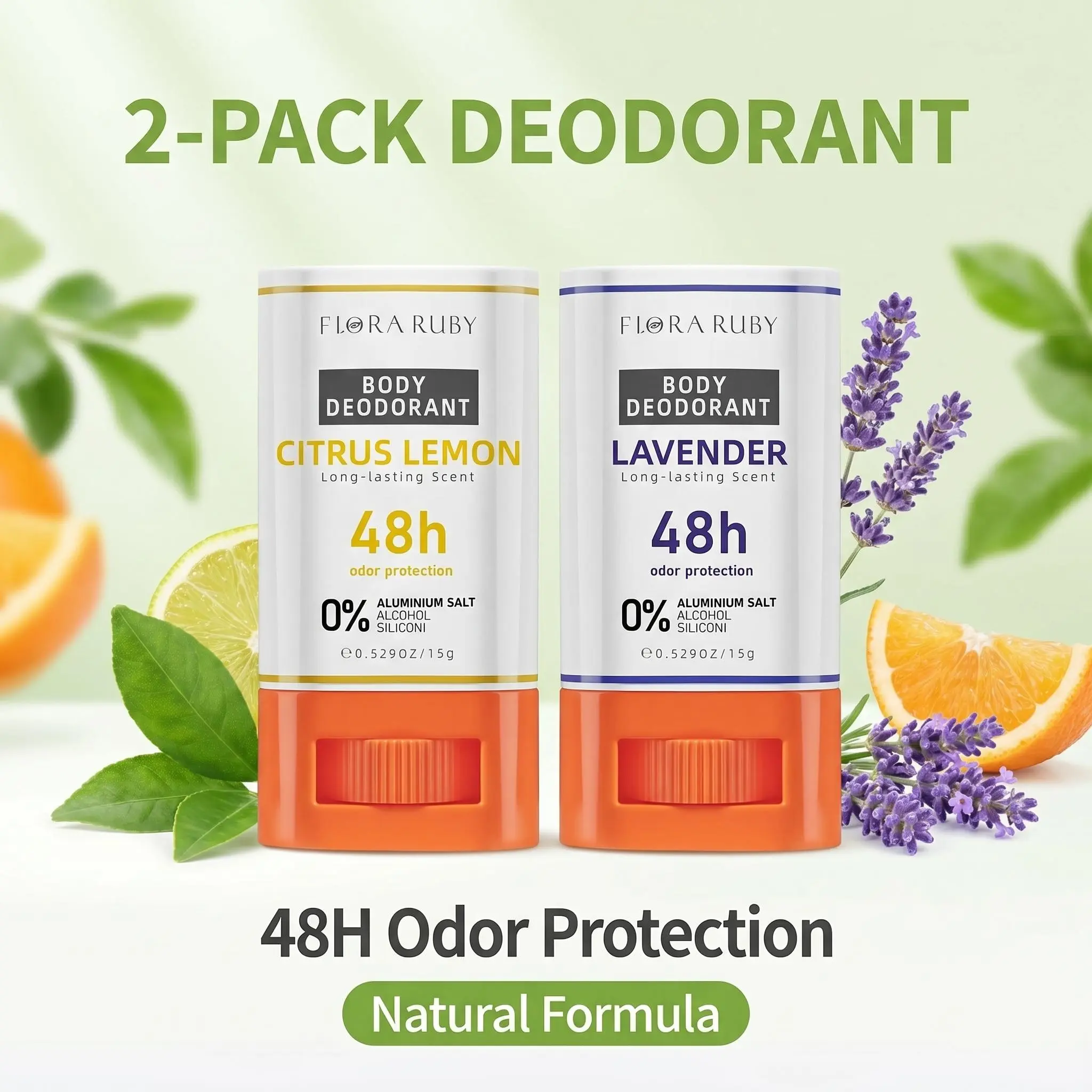 FLORA RUBY 2-Pack Aluminum-Free Deodorant, Body Care Product Rich in Botanical Fragrances (Lavender, Citrus Lemon), Effective for Odor Control by Combating Odor-Causing Bacteria