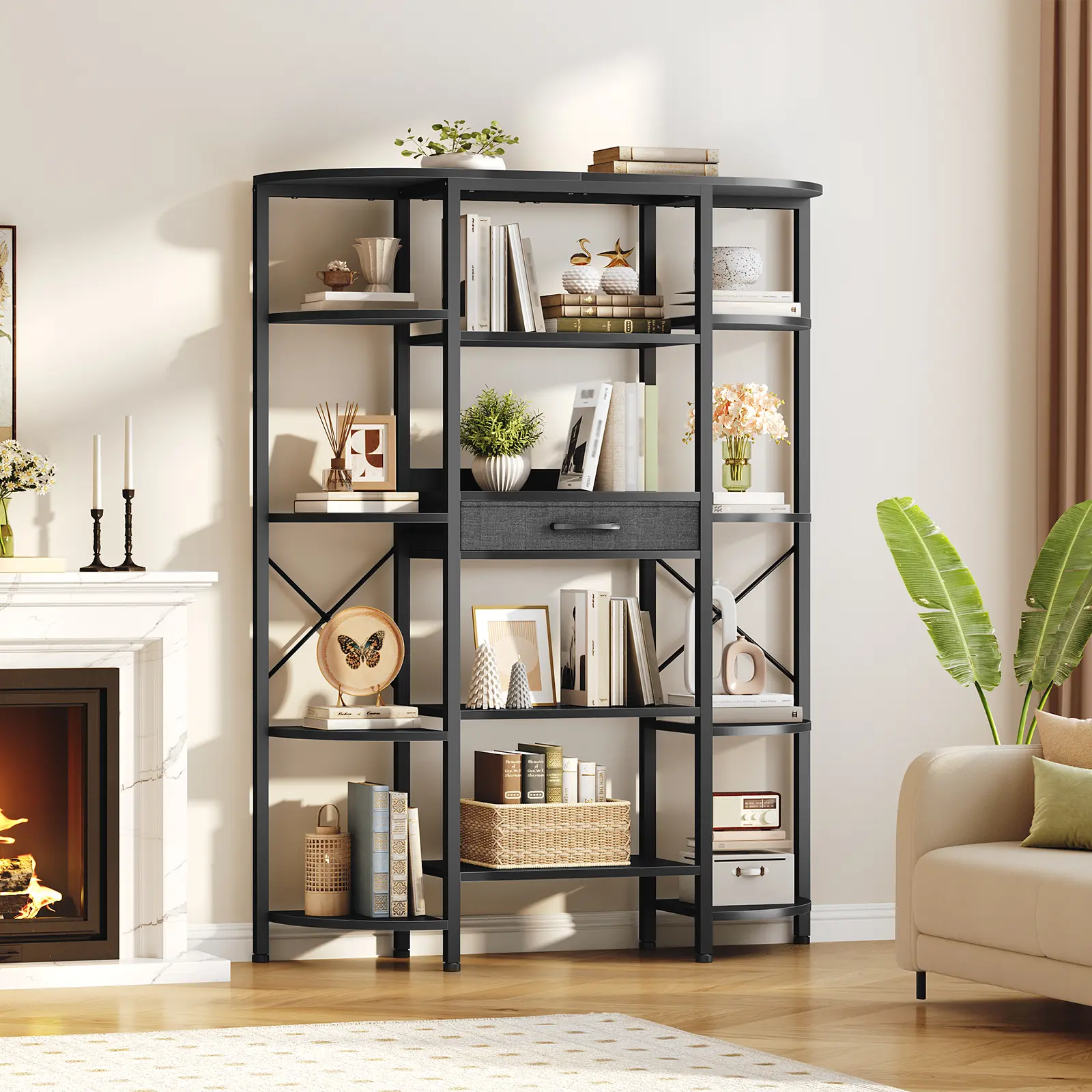 HOOBRO 5-Tier Tall Bookshelf, Industrial Bookcase with 12 Open Shelves and Fabric Drawer, Freestanding Storage Rack, Display Shelf, Triple Book Shelf for Living Room, Home Office, Black #SummerVibes